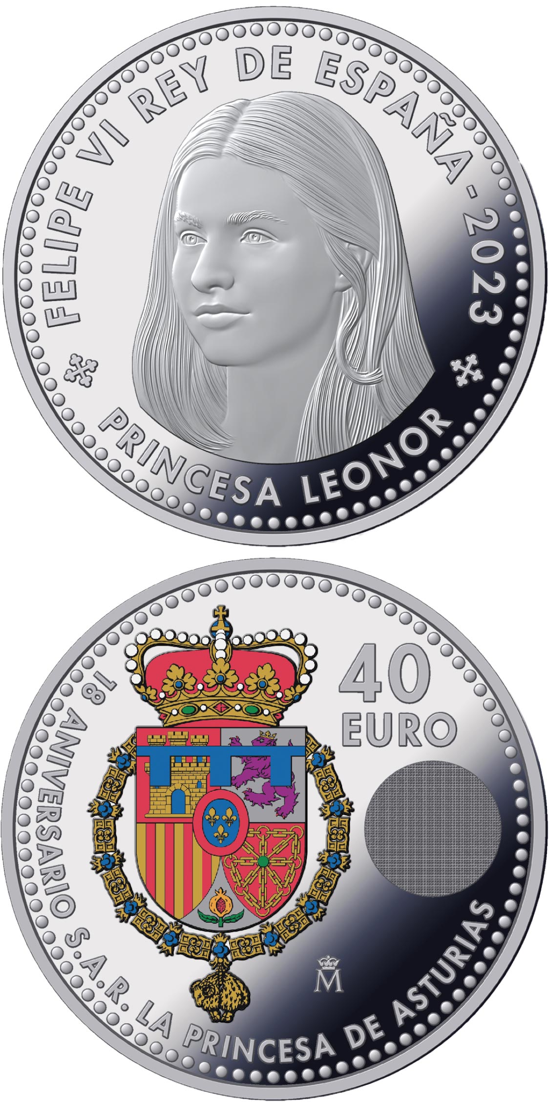 Image of 40 euro coin - Her Royal Highness the Princess Leonor | Spain 2023.  The Silver coin is of BU quality.