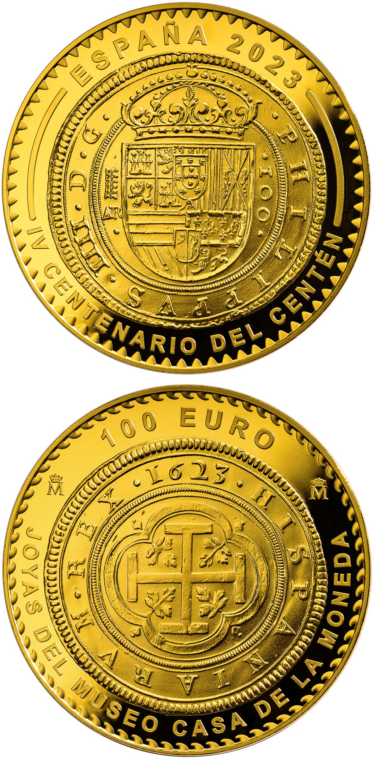 Image of 100 euro coin - The IV Centenary of the Centén of 1623 | Spain 2023.  The Silver coin is of Proof quality.