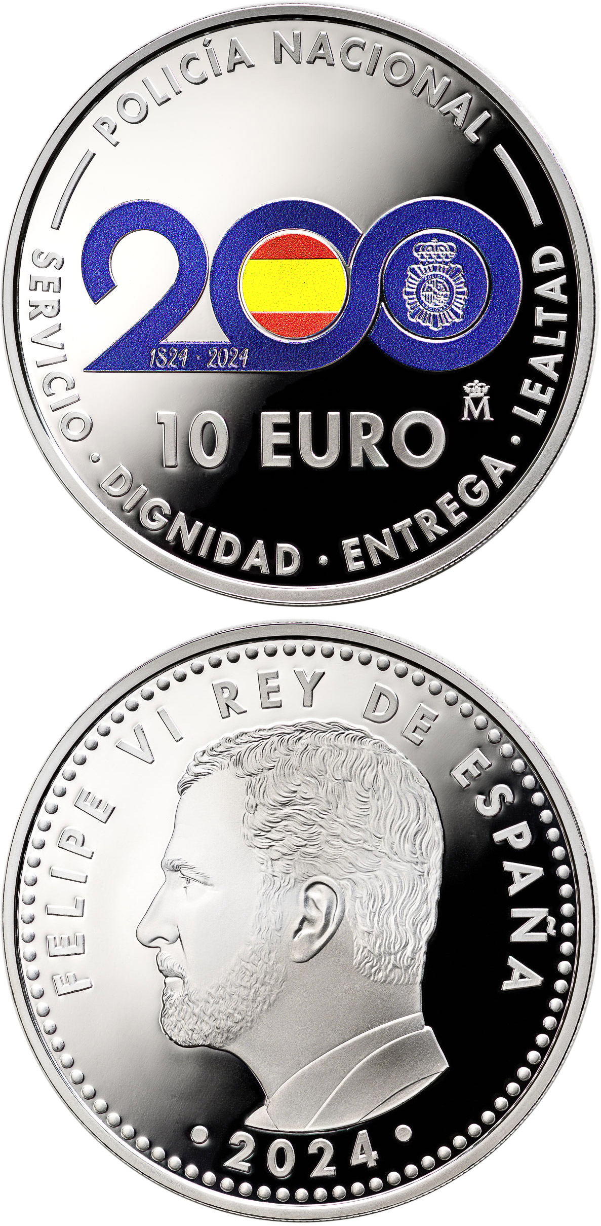 Image of 10 euro coin - Bicentennial of the National Police | Spain 2023.  The Silver coin is of Proof quality.