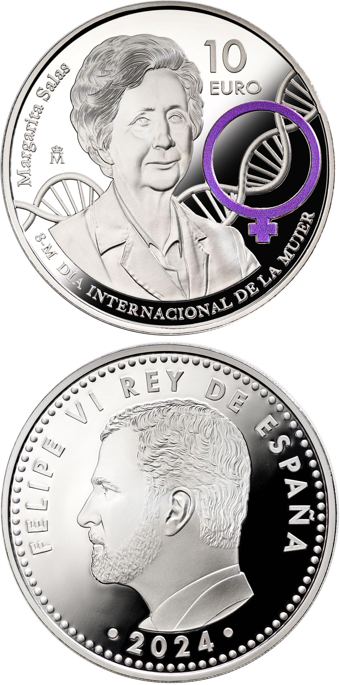 Image of 10 euro coin - Margarita Salas | Spain 2024.  The Silver coin is of Proof quality.