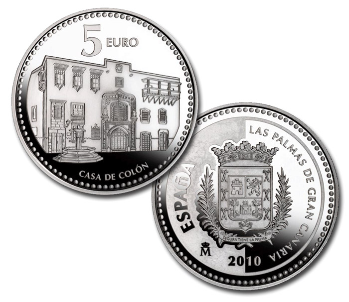 Image of 5 euro coin - Las Palmas de Gran Canaria | Spain 2010.  The Silver coin is of Proof quality.
