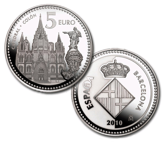 Image of 5 euro coin - Barcelona | Spain 2010.  The Silver coin is of Proof quality.