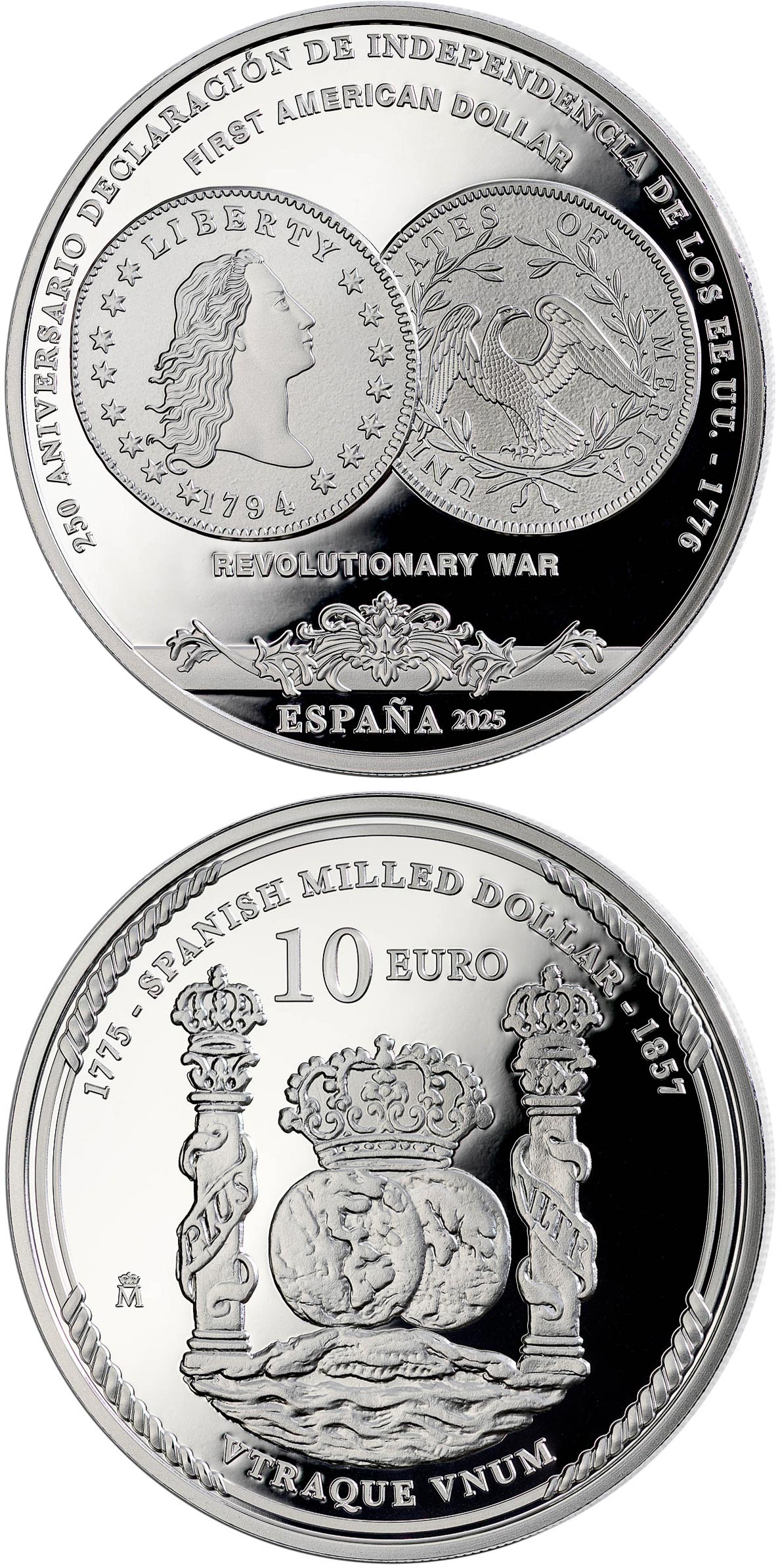 Image of 10 euro coin - 250th anniversary of the Declaration of Independence of the USA - The First Dollar | Spain 2025.  The Silver coin is of Proof quality.