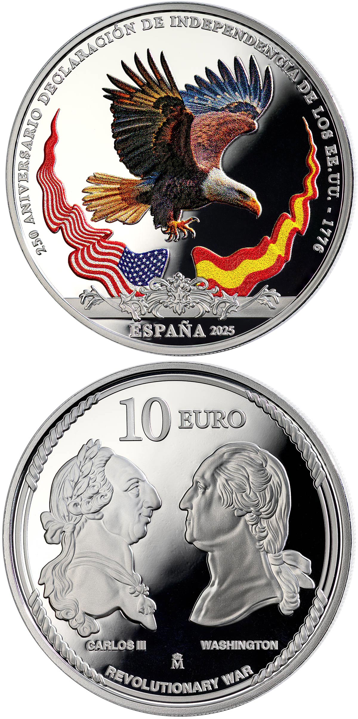 Image of 10 euro coin - 250th anniversary of the Declaration of Independence of the USA - Bald Eagle | Spain 2025.  The Silver coin is of Proof quality.