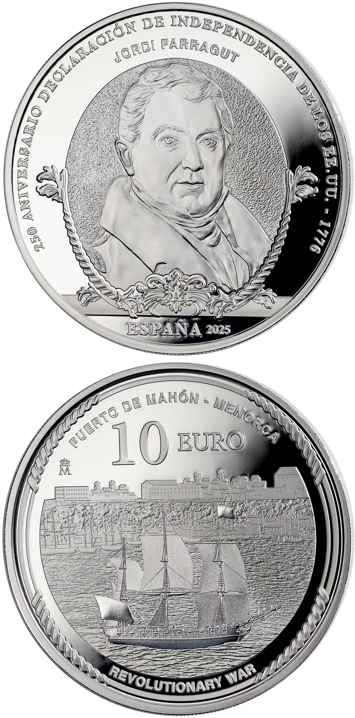 Image of 10 euro coin - 250th anniversary of the Declaration of Independence of the USA - Jordi Farragut | Spain 2025.  The Silver coin is of Proof quality.