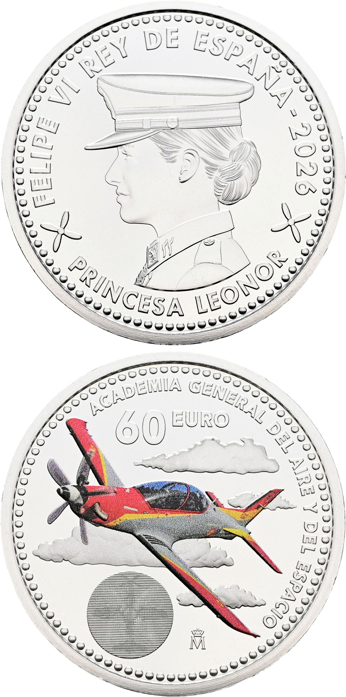 Image of 60 euro coin - General Air and Space Academy | Spain 2026. The Silver coin is of BU quality. Image of 60 euro coin - General Air and Space Academy | Spain 2026. The Silver coin is of BU quality.