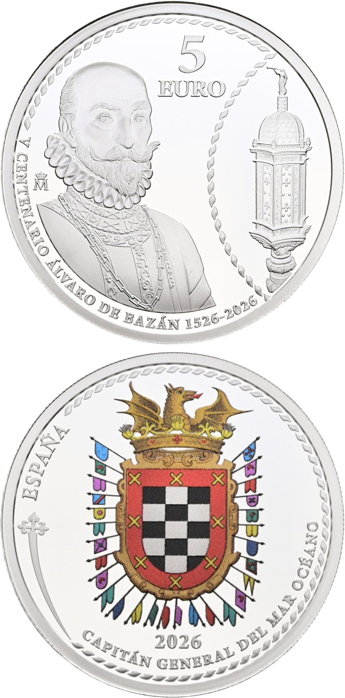 Image of 5 euro coin - 500th anniversary of the birth in Granada of Don Álvaro de Bazán y Guzmán | Spain 2026. The Silver coin is of Proof quality. Image of 5 euro coin - 500th anniversary of the birth in Granada of Don Álvaro de Bazán y Guzmán | Spain 2026. The Silver coin is of Proof quality.