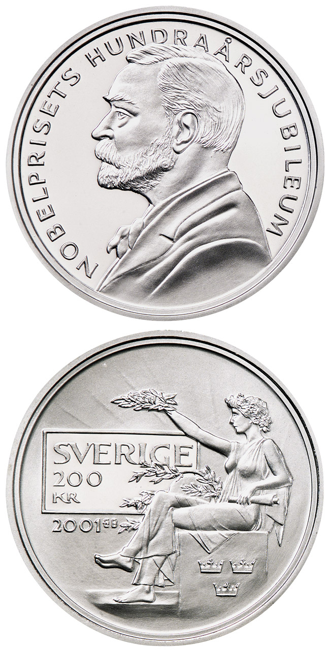 Image of 200 krona coin - 100th anniversary of the foundation of the Nobel prize | Sweden 2001.  The Silver coin is of Proof quality.