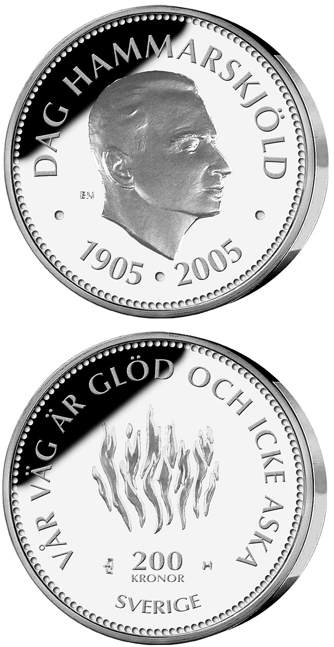 Image of 200 krona coin - 100th anniversary of the birth of Dag Hammarskjöld | Sweden 2005.  The Silver coin is of Proof quality.