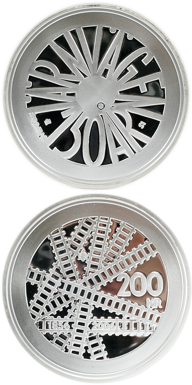 Image of 200 krona coin - 150th anniversary of the Swedish railway | Sweden 2006.  The Silver coin is of Proof quality.