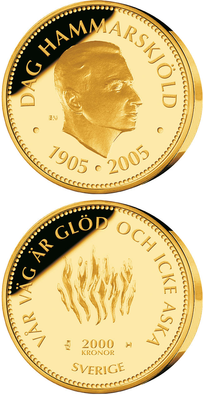 Image of 2000 krona coin - 100th anniversary of the birth of Dag Hammarskjöld | Sweden 2005.  The Gold coin is of Proof quality.