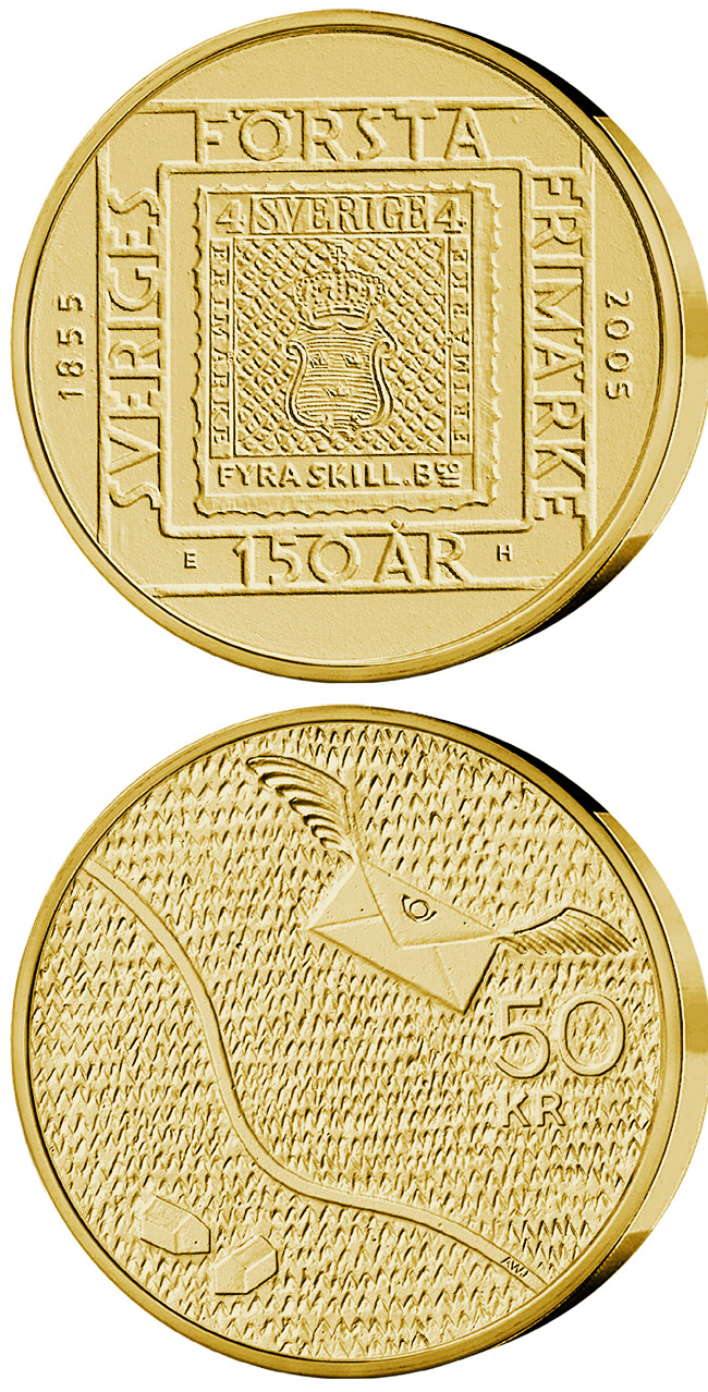 Image of 50 krona coin - 150th anniversary of Sweden's first postage stamp | Sweden 2005.  The Bimetal: CuNi, nordic gold coin is of Proof quality.