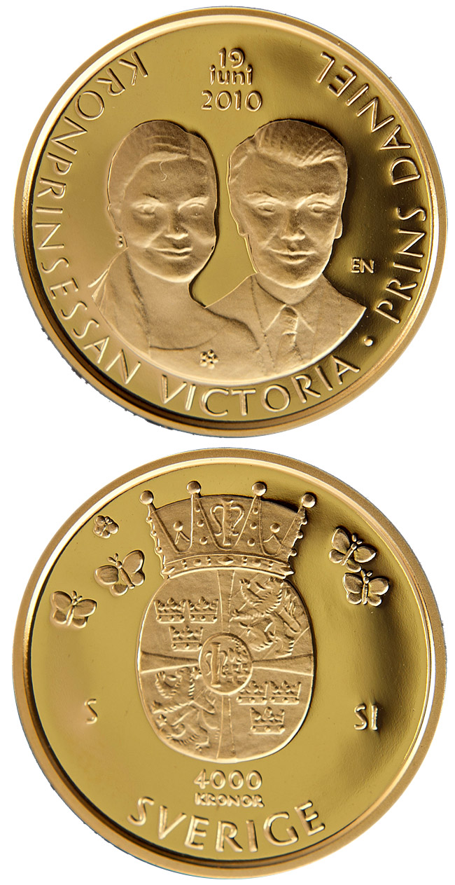 Image of 4000 krona coin - The wedding of Crown Princess Victoria and Daniel Westling on 19 June 2010 | Sweden 2010.  The Gold coin is of Proof quality.