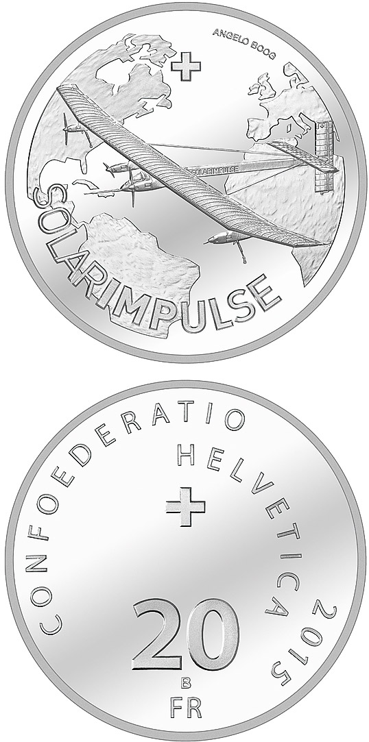 Image of 20 francs coin -  	

Solar Impulse | Switzerland 2015.  The Silver coin is of Proof, BU quality.