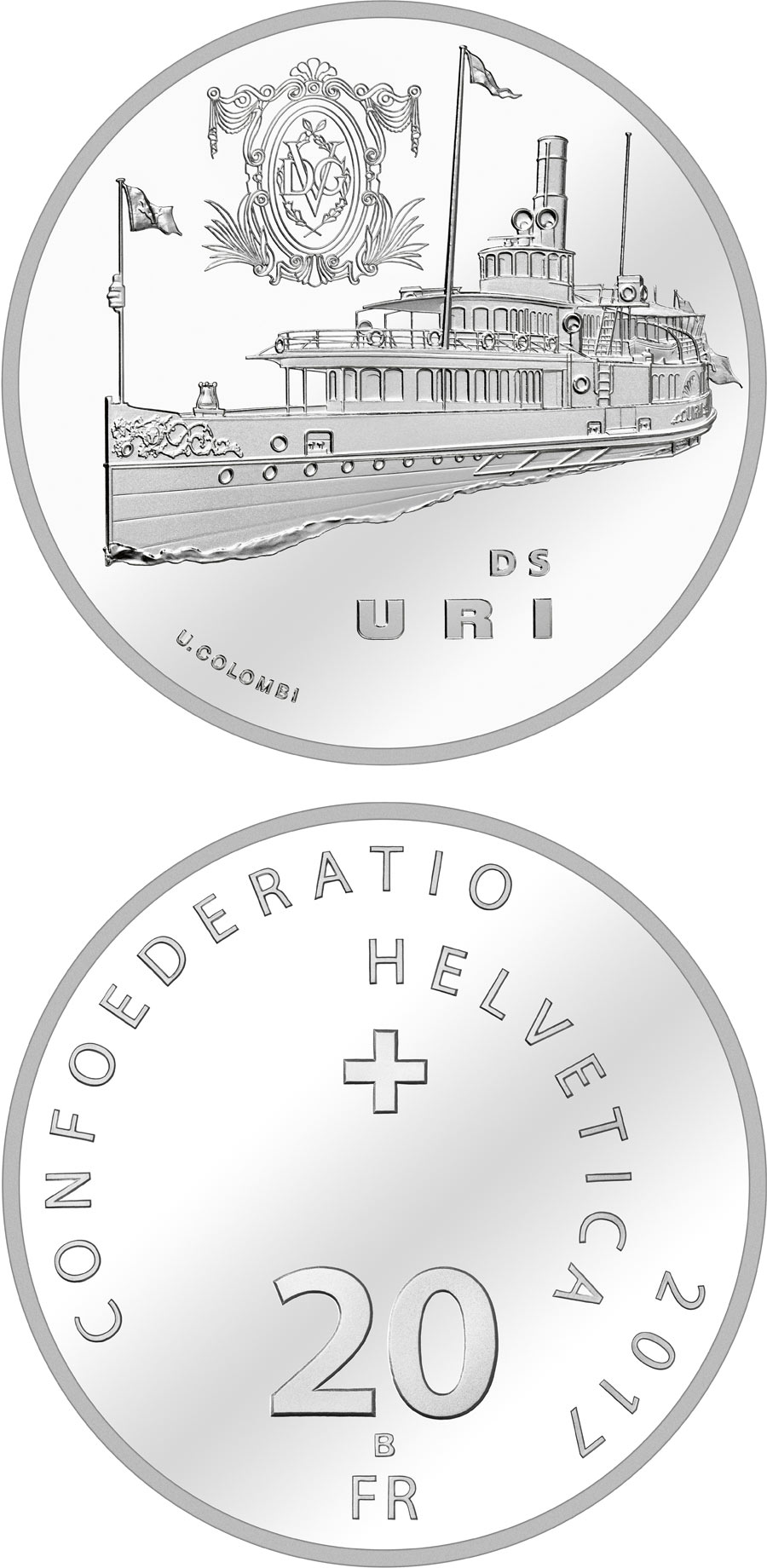 Image of 20 francs coin - Steamboat Uri  | Switzerland 2017.  The Silver coin is of Proof, BU quality.