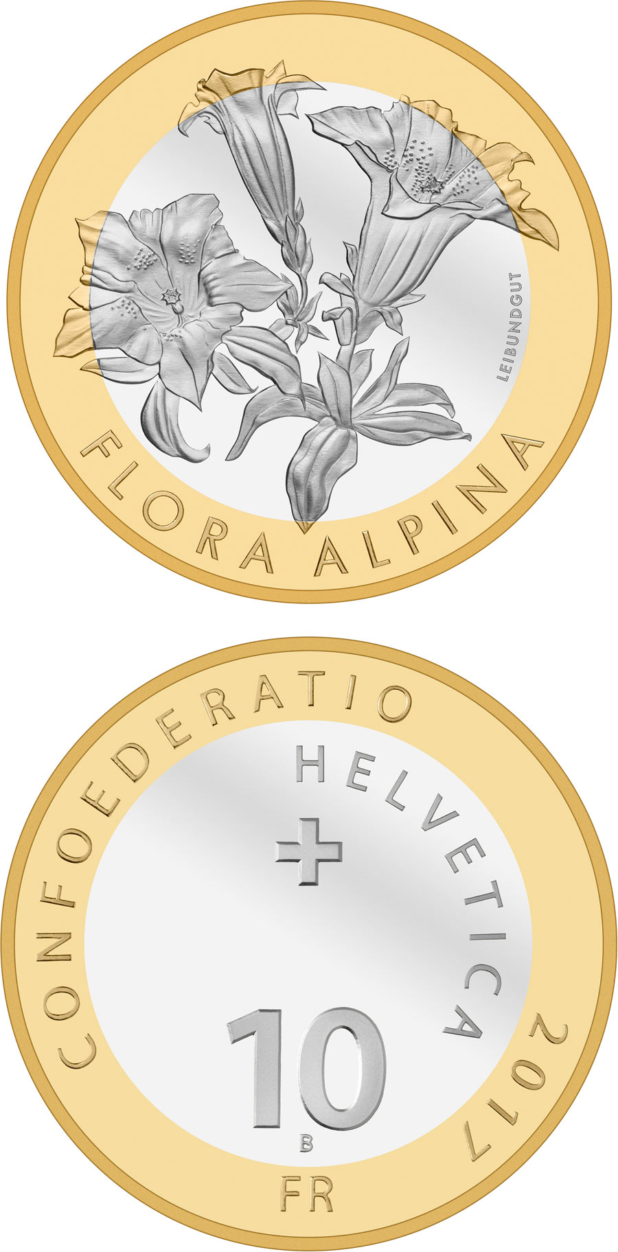 Image of 10 francs coin - Gentian  | Switzerland 2017.  The Bimetal: CuNi, nordic gold coin is of Proof, BU quality.