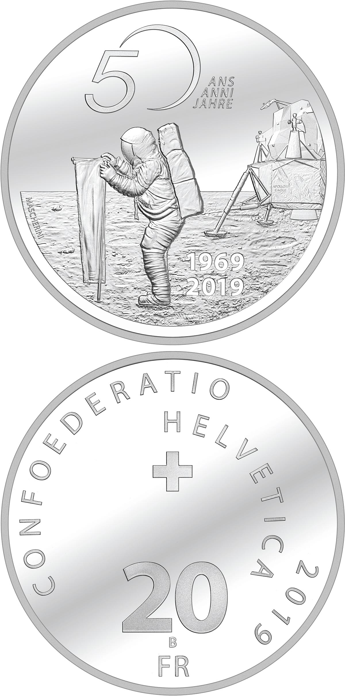 Image of 20 francs coin - 50th anniversary of Apollo 11 moon landing | Switzerland 2019.  The Silver coin is of Proof, BU quality.