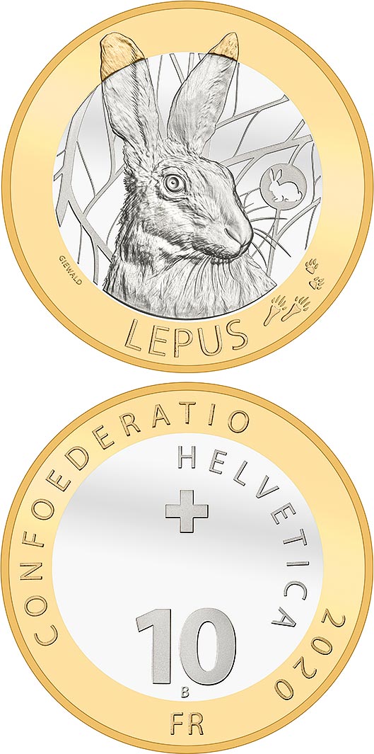 Image of 10 francs coin - Hare | Switzerland 2020.  The Bimetal: CuNi, nordic gold coin is of Proof, BU quality.