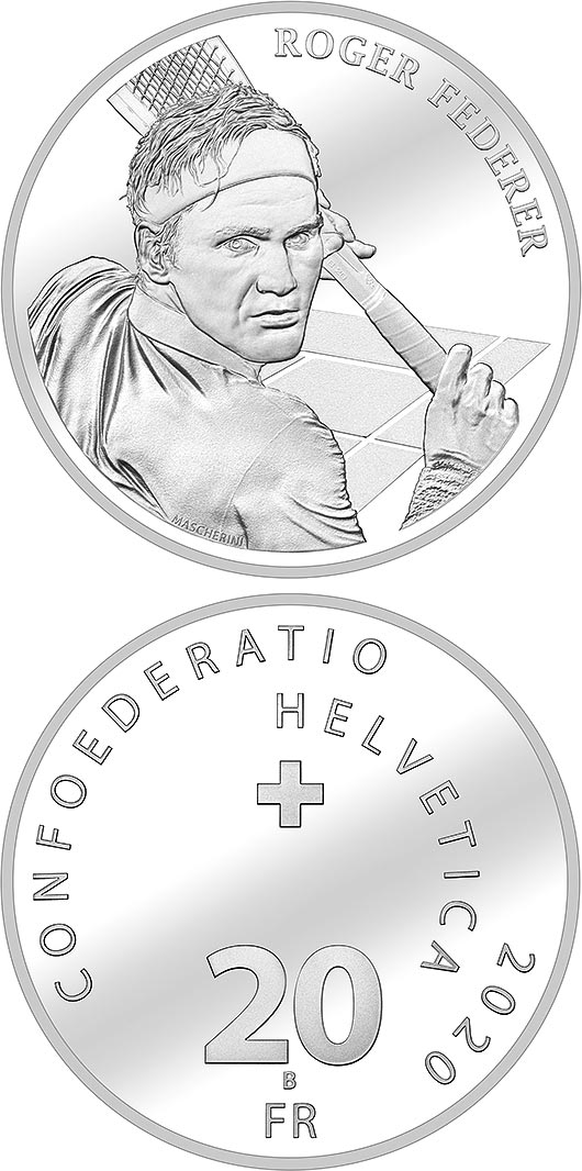 Image of 20 francs coin - Roger Federer | Switzerland 2020.  The Silver coin is of Proof, BU quality.