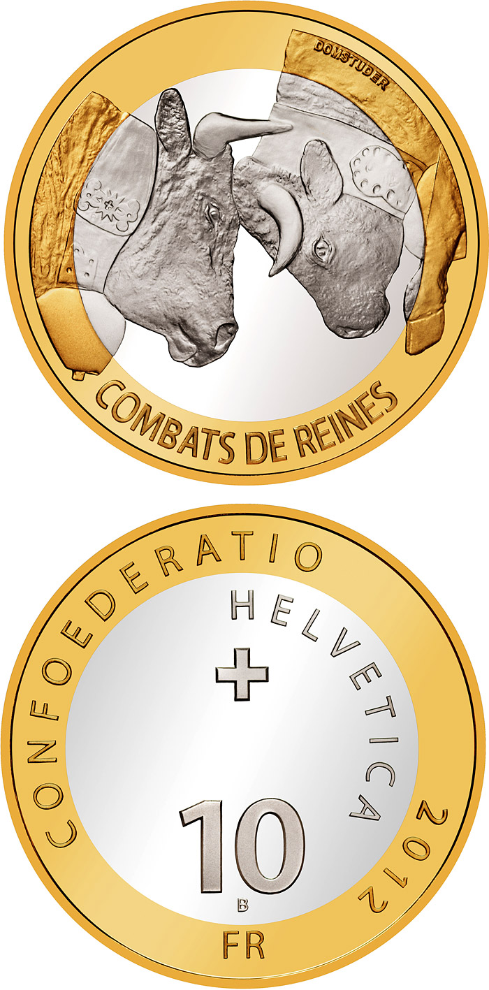 Image of 10 francs coin - Cow fighting | Switzerland 2012.  The Bimetal: CuNi, nordic gold coin is of Proof, BU quality.