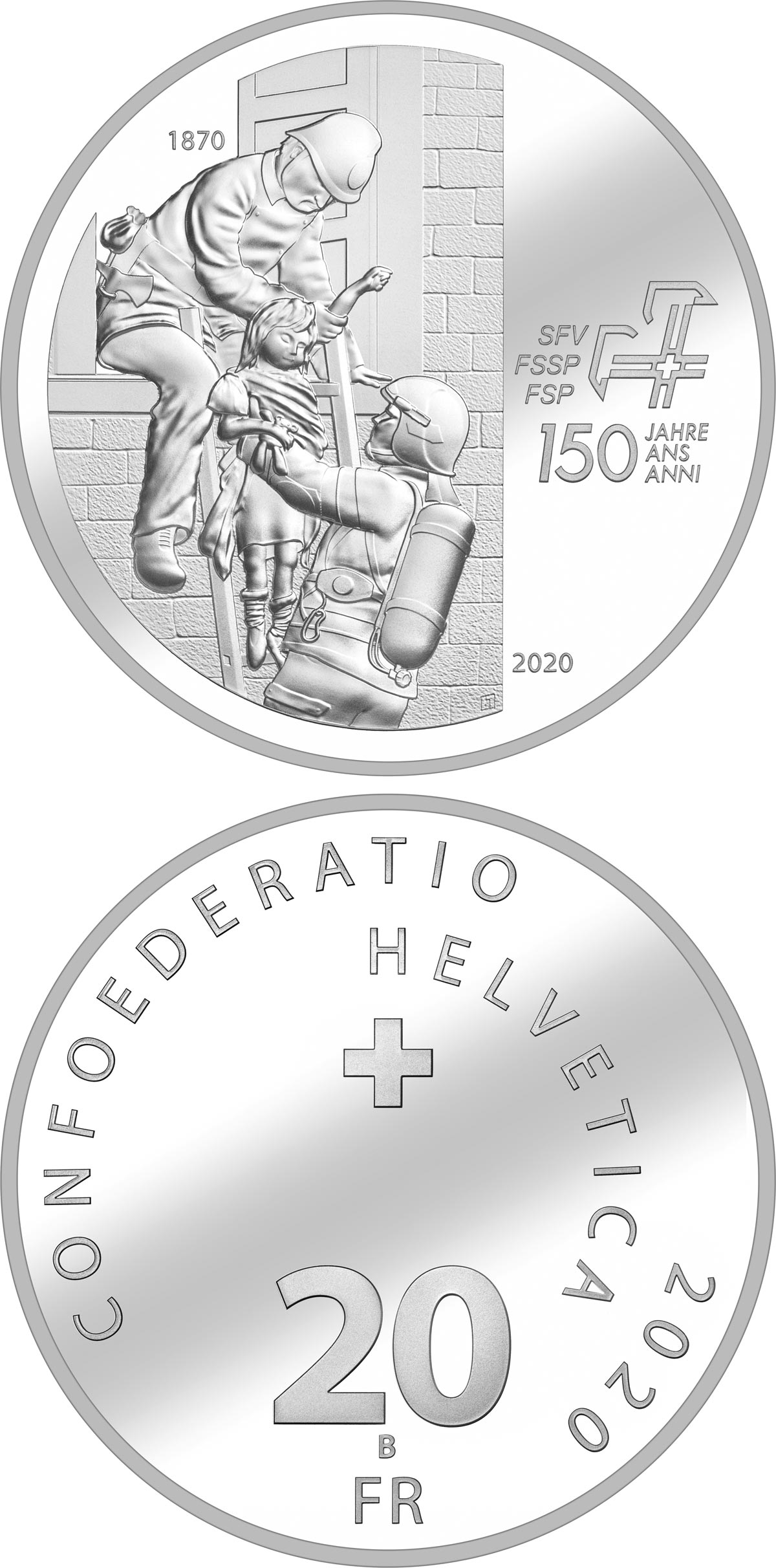 Image of 20 francs coin - 150 years of
the Swiss Firefighters Association | Switzerland 2020.  The Silver coin is of Proof, BU quality.