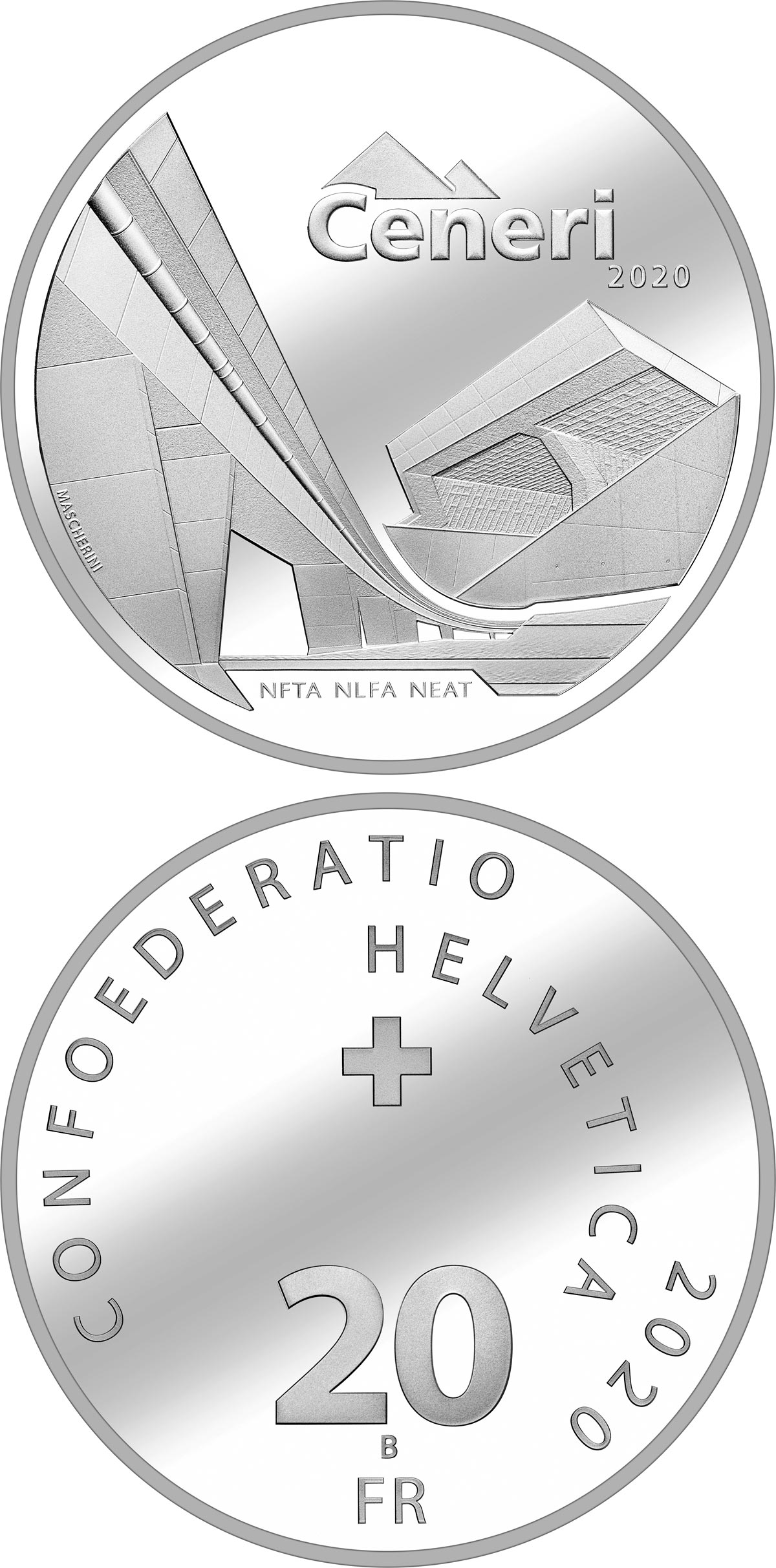 Image of 20 francs coin - NRLA – Ceneri 2020 | Switzerland 2020.  The Silver coin is of Proof quality.