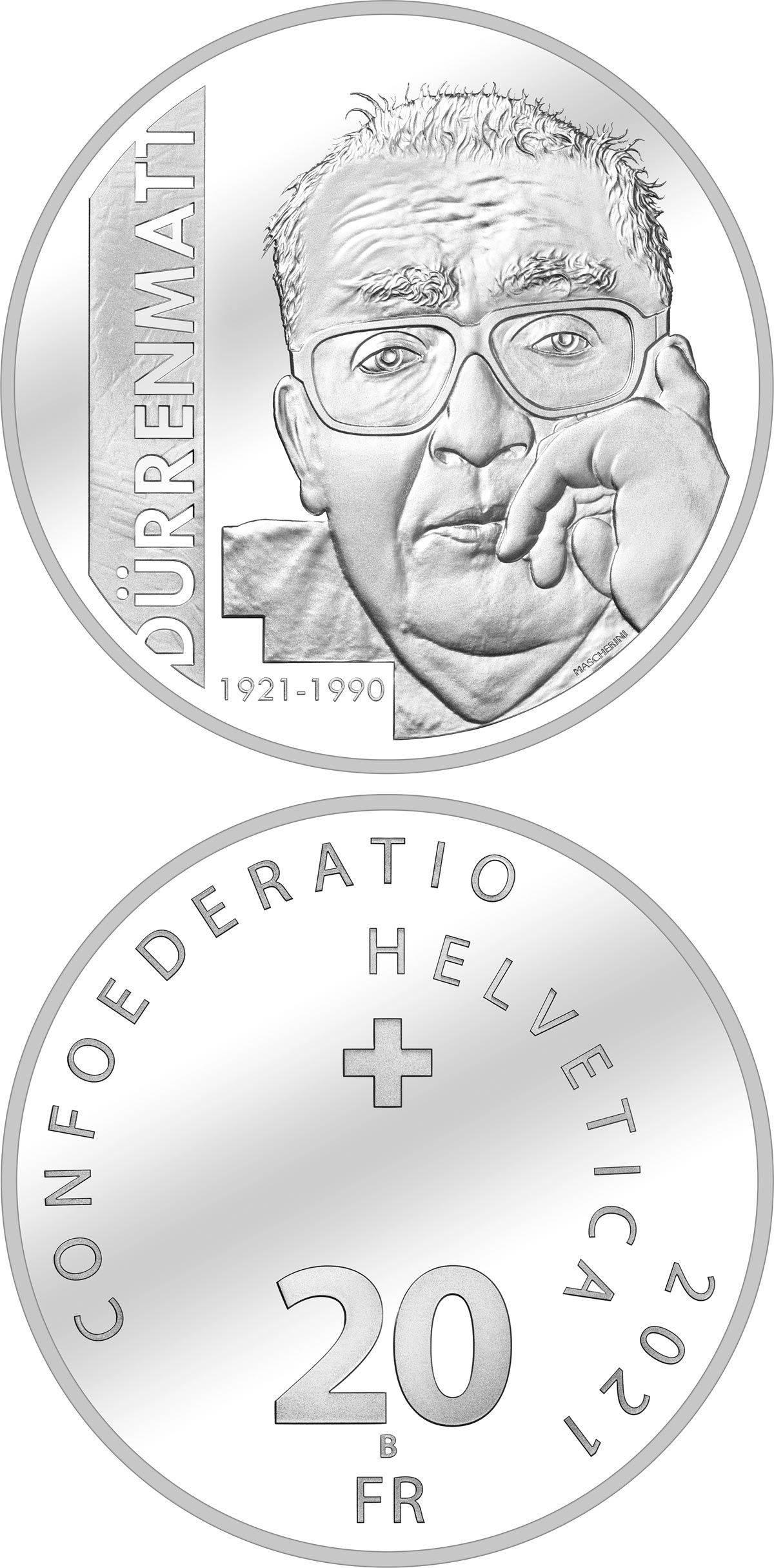 Image of 20 francs coin - 100 years of Friedrich Dürrenmatt | Switzerland 2021.  The Silver coin is of Proof, BU quality.