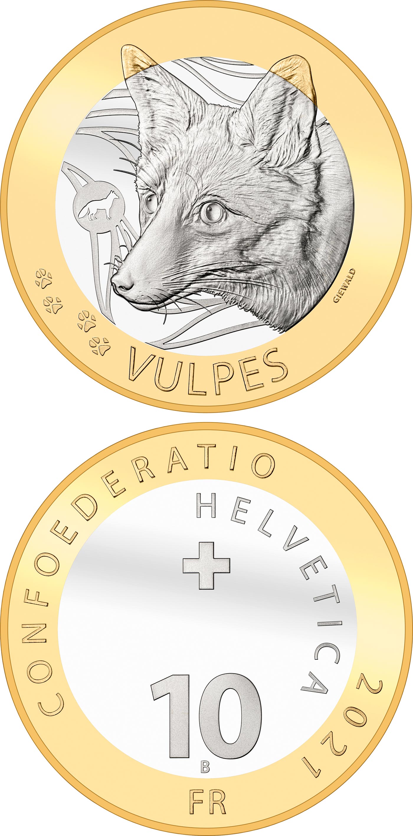 Image of 10 francs coin - Fox | Switzerland 2021.  The Bimetal: CuNi, nordic gold coin is of Proof, BU quality.