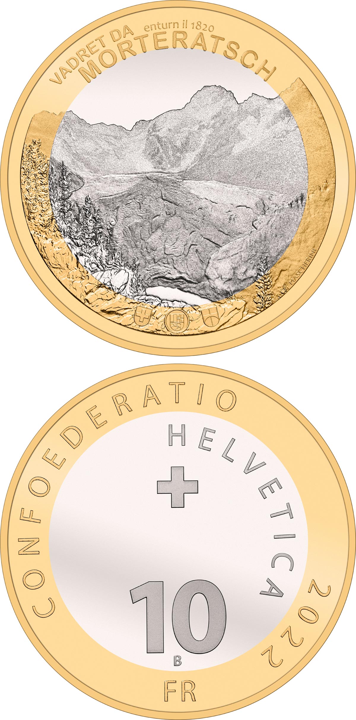 Image of 10 francs coin - Morteratsch glacier | Switzerland 2022.  The Bimetal: CuNi, nordic gold coin is of Proof, BU quality.