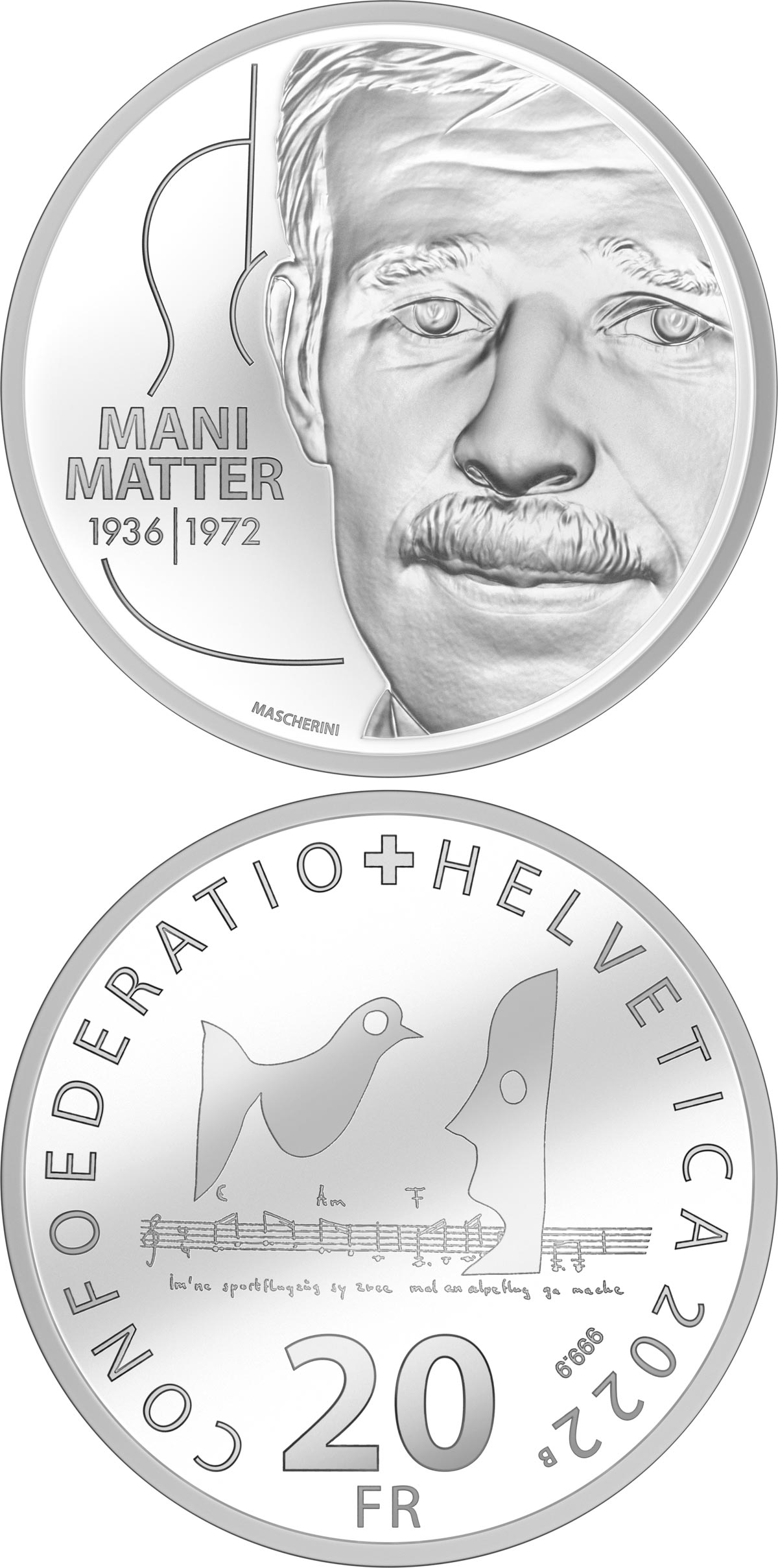 Image of 20 francs coin - Mani Matter | Switzerland 2022.  The Silver coin is of Proof quality.