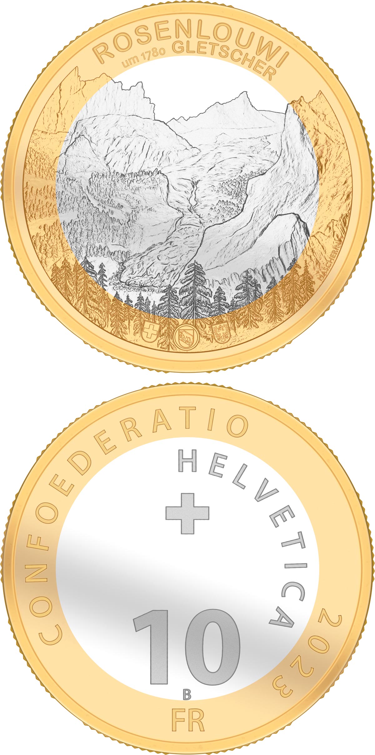Image of 10 francs coin - Rosenlaui glacier | Switzerland 2023.  The Bimetal: CuNi, nordic gold coin is of Proof, BU quality.