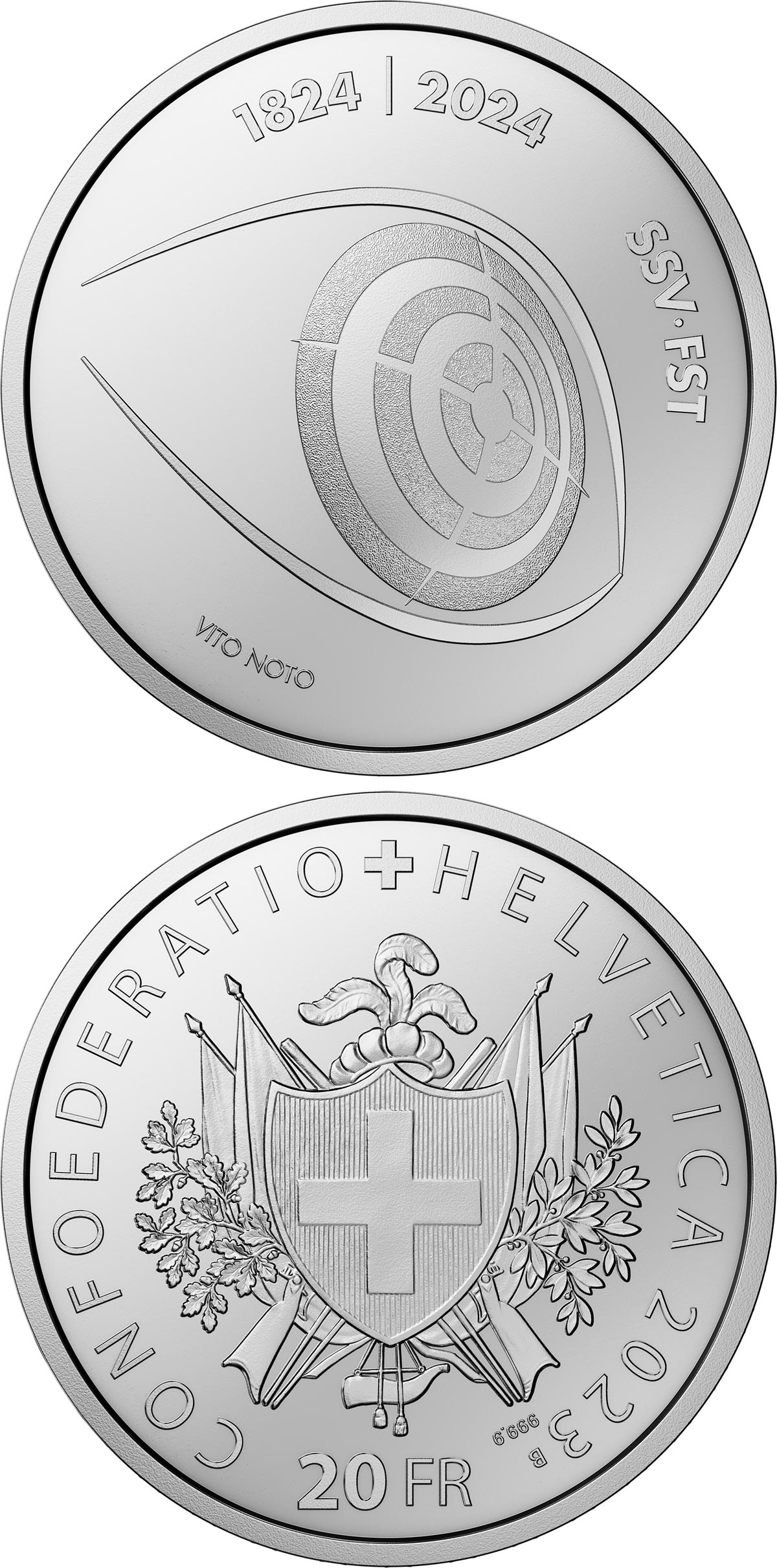 Image of 20 francs coin - Swiss Shooting Sport | Switzerland 2023.  The Silver coin is of Proof, BU quality.