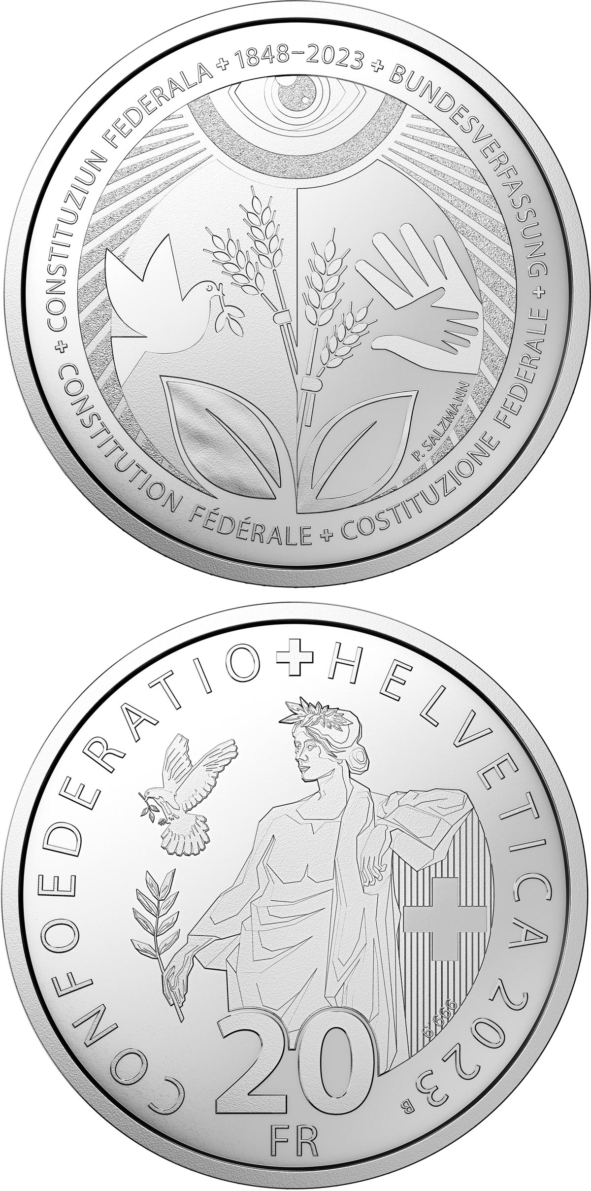 Image of 20 francs coin - 175 years of the Federal Constitution | Switzerland 2023.  The Silver coin is of Proof, BU quality.