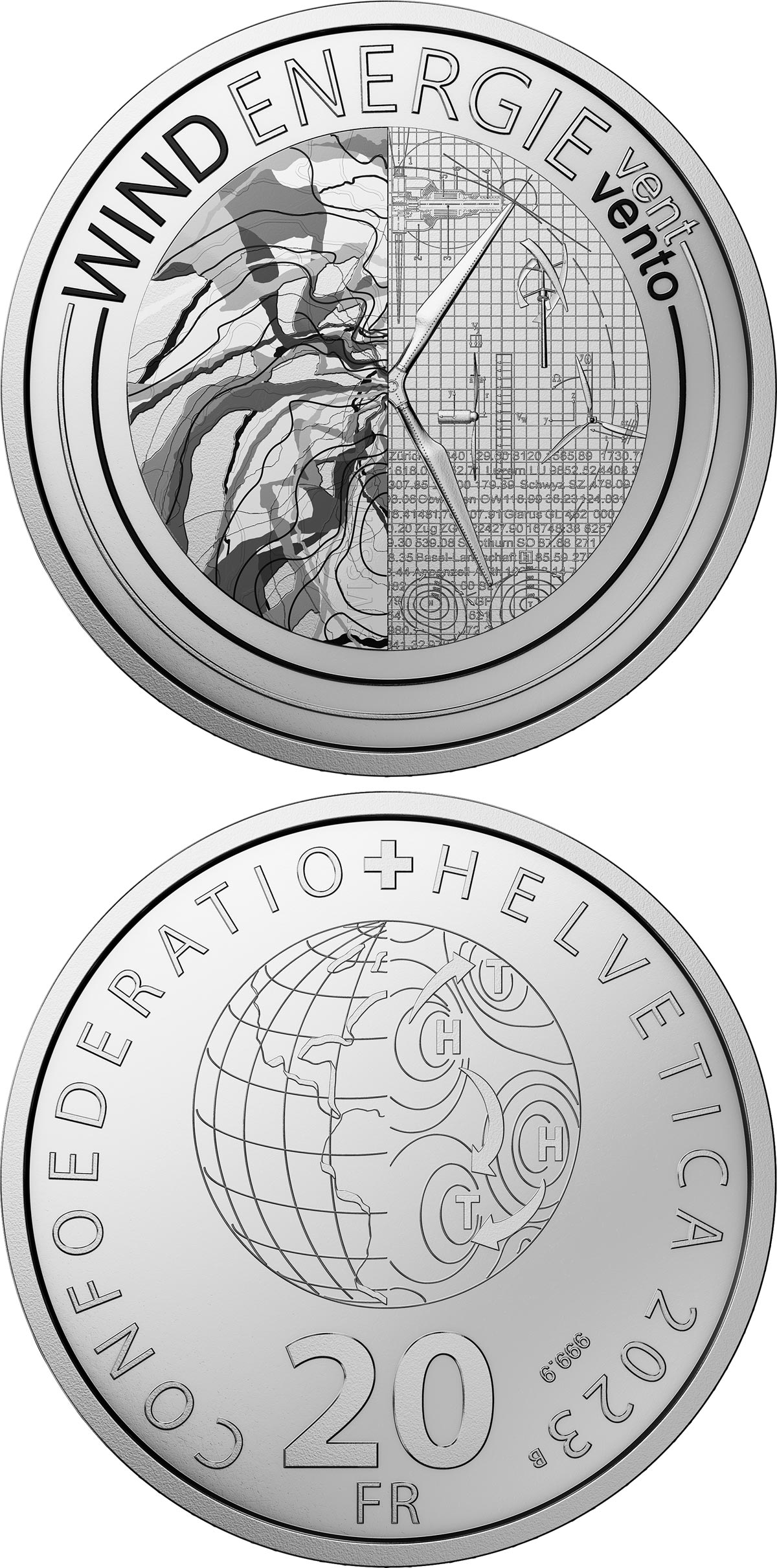 Image of 20 francs coin - Wind Energy | Switzerland 2023.  The Silver coin is of Proof quality.