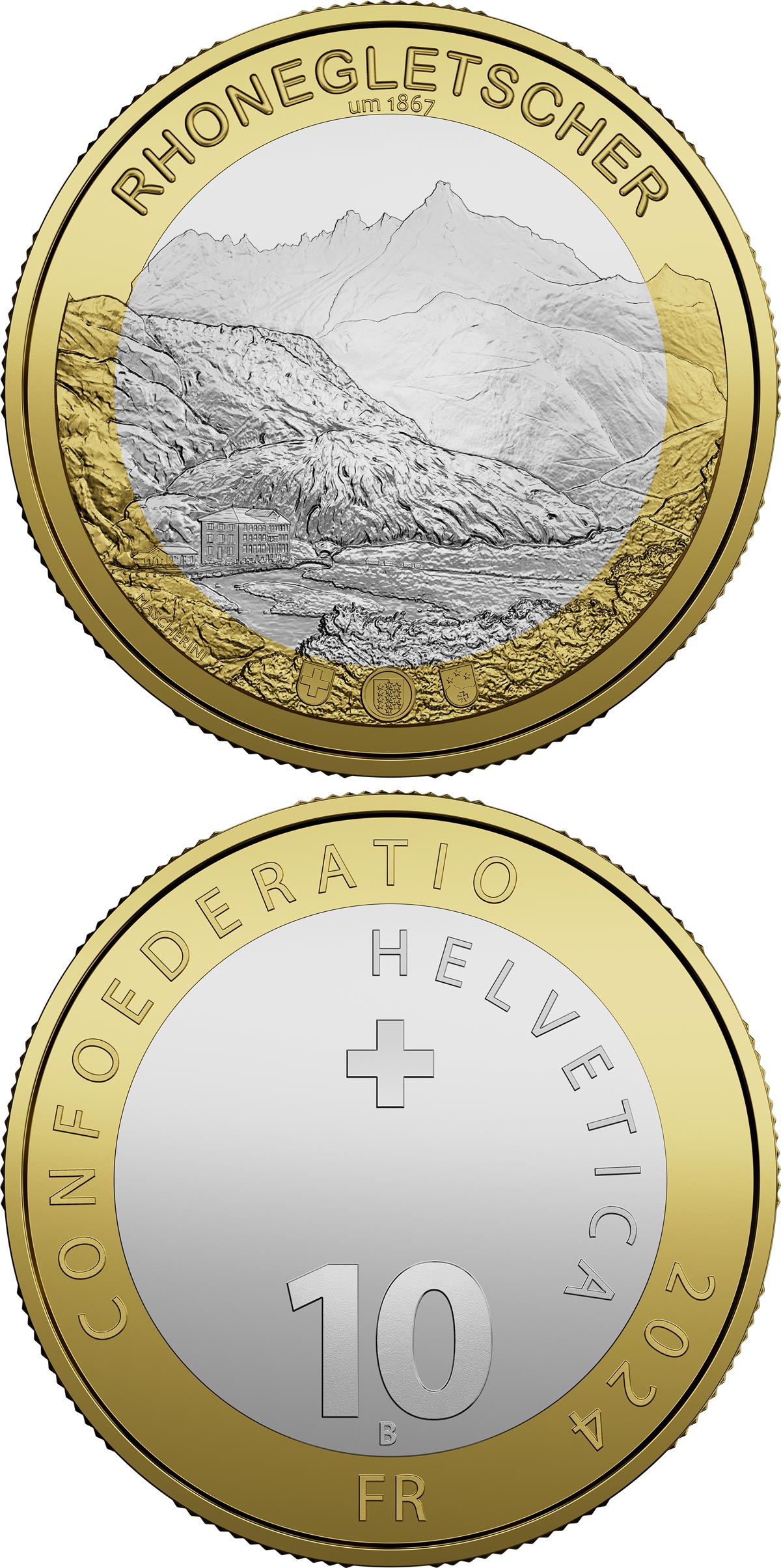 Image of 10 francs coin - Rhone glacier | Switzerland 2024.  The Bimetal: CuNi, nordic gold coin is of Proof, BU quality.