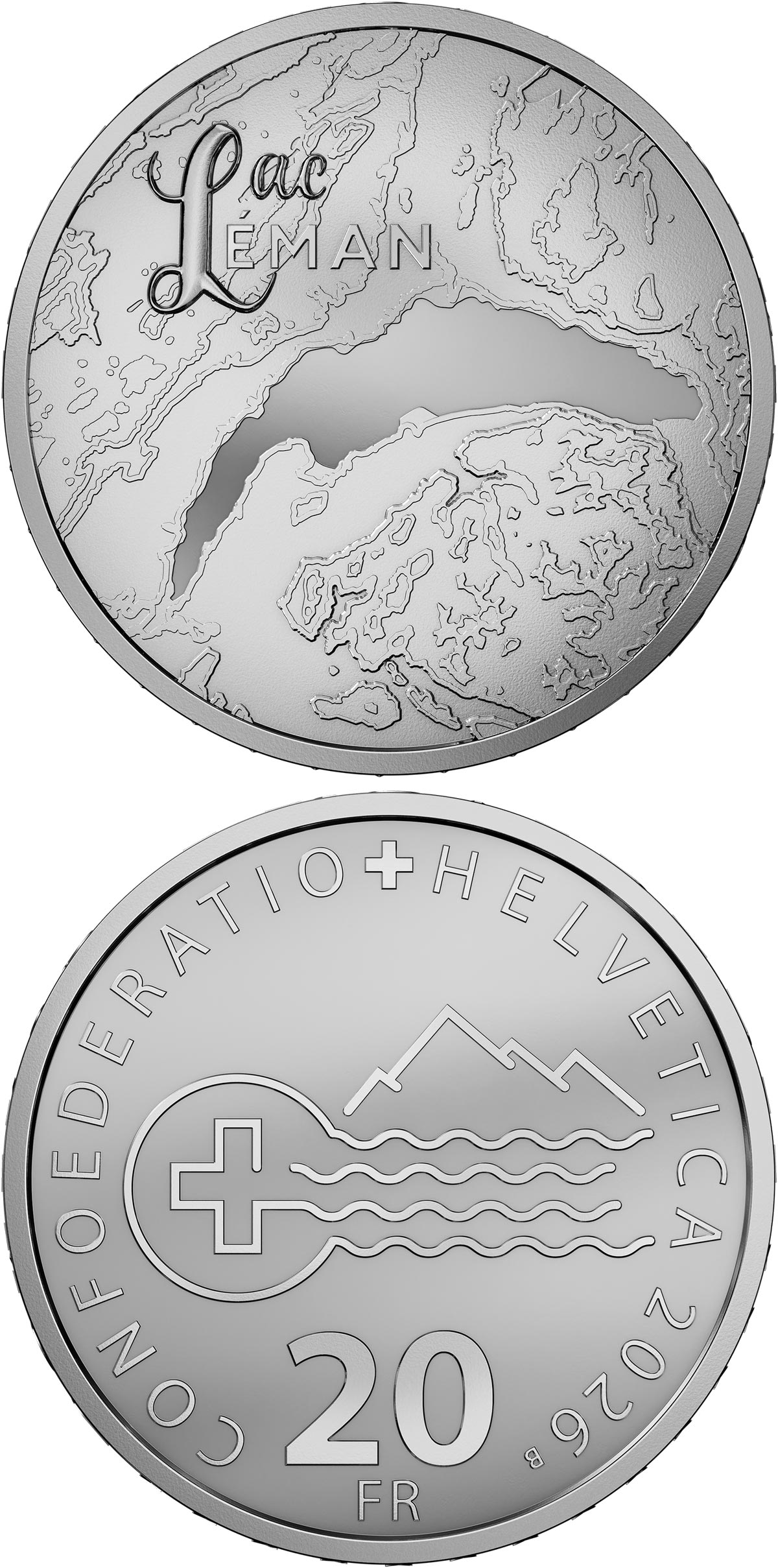 Image of 20 francs coin - Lake Geneva | Switzerland 2026. The Silver coin is of Proof quality. Image of 20 francs coin - Lake Geneva | Switzerland 2026. The Silver coin is of Proof quality.