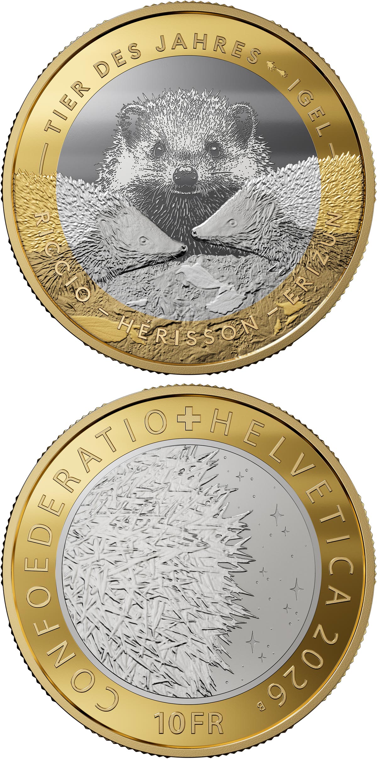 Image of 10 francs coin - Animal of the Year: the hedgehog
| Switzerland 2025. The Bimetal: CuNi, nordic gold coin is of Proof, BU quality. Image of 10 francs coin - Animal of the Year: the hedgehog
| Switzerland 2025. The Bimetal: CuNi, nordic gold coin is of Proof, BU quality.