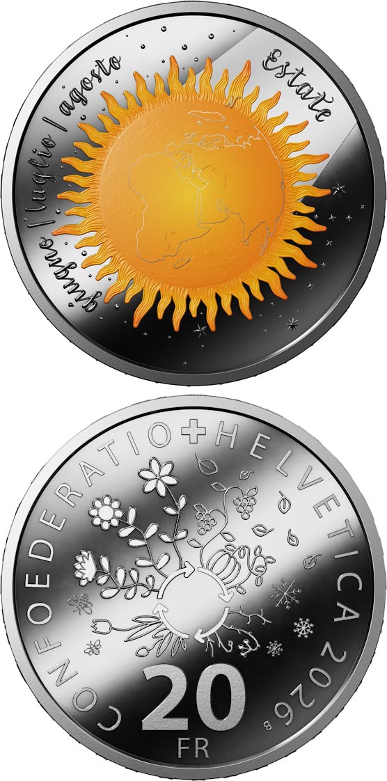 Image of 20 francs coin - 4 Seasons - Summer | Switzerland 2026.  The Silver coin is of Proof quality.