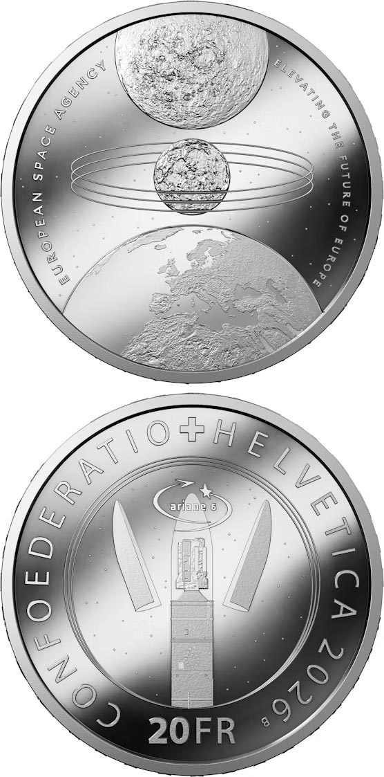 Image of 20 francs coin - European Space Agency ESA | Switzerland 2026.  The Silver coin is of Proof quality.