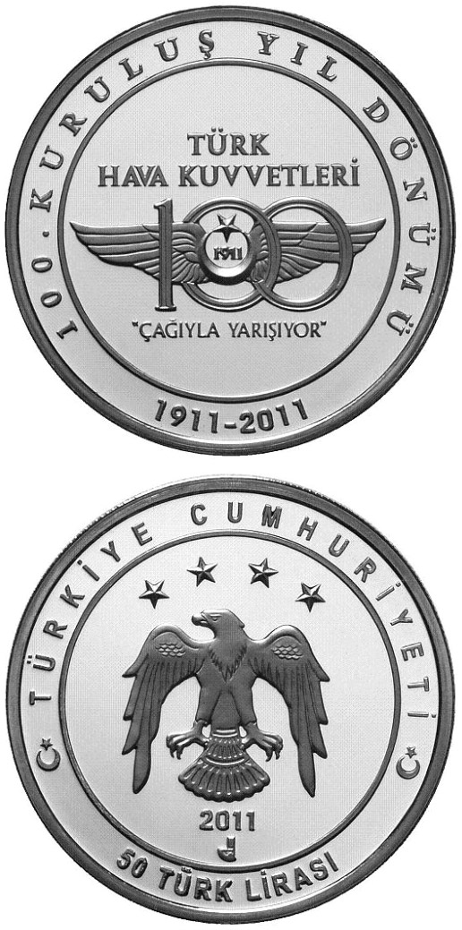 Image of 50 Lira coin - 100th Anniversary of the Turkish Air Force | Turkey 2011.  The Silver coin is of Proof quality.
