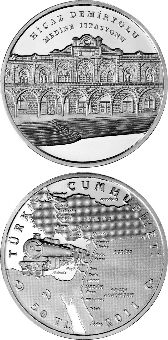 Image of 50 Lira coin - The Hejaz Railway – Medina Station  | Turkey 2011.  The Silver coin is of Proof quality.