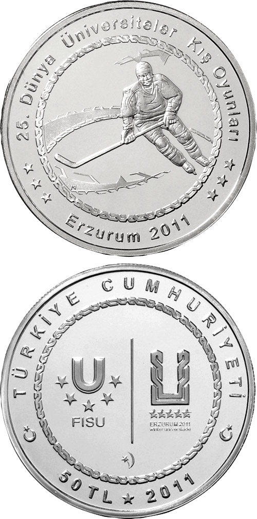 Image of 50 Lira coin - XXV. World University Winter Games in Erzurum – Hockey | Turkey 2011.  The Silver coin is of Proof quality.
