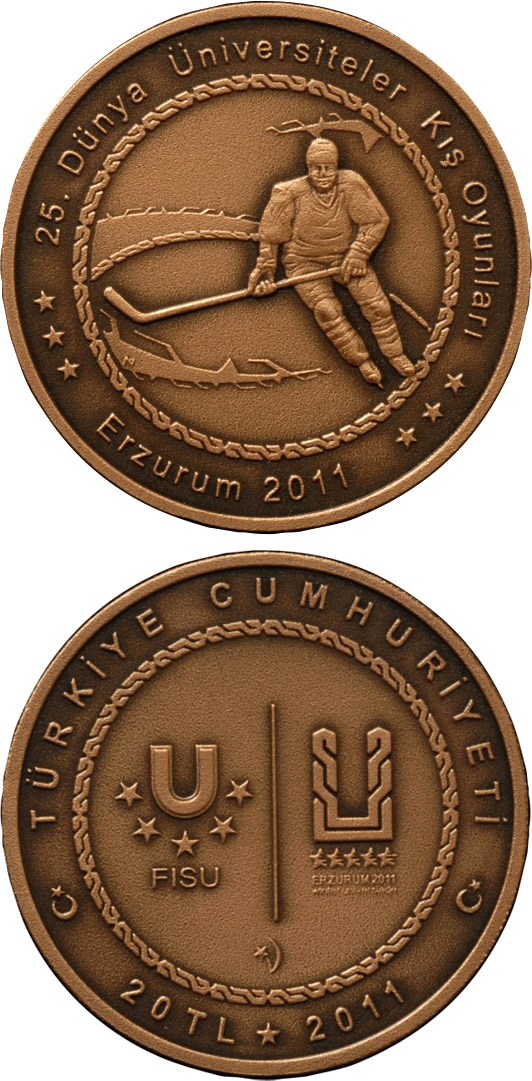Image of 20 Lira coin - XXV. World University Winter Games in Erzurum – Hockey | Turkey 2011.  The Bronze coin is of BU quality.
