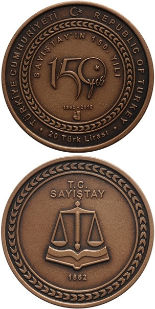 Image of 20 Lira coin - 150 Years of the Court | Turkey 2012.  The Bronze coin is of BU quality.