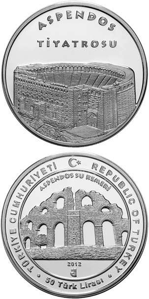 Image of 50 Lira coin - The Ancient City of Aspendos | Turkey 2012.  The Silver coin is of Proof quality.