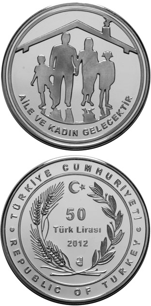 Image of 50 Lira coin - Family | Turkey 2012.  The Silver coin is of Proof quality.