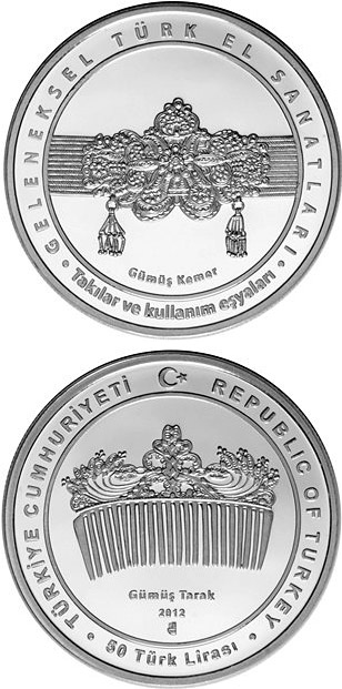 Image of 50 Lira coin - Traditional Turkish Handicrafts | Turkey 2012.  The Silver coin is of Proof quality.
