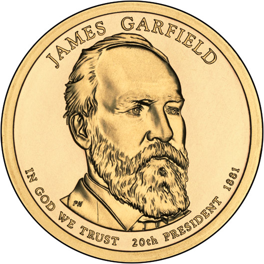 Image of 1 dollar coin - James Garfield (1881) | USA 2011.  The Nordic gold (CuZnAl) coin is of Proof, BU, UNC quality.