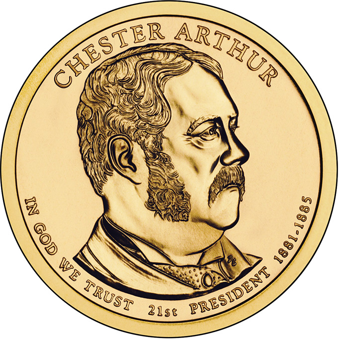 Image of 1 dollar coin - Chester A. Arthur (1881-1885) | USA 2012.  The Nordic gold (CuZnAl) coin is of Proof, BU, UNC quality.