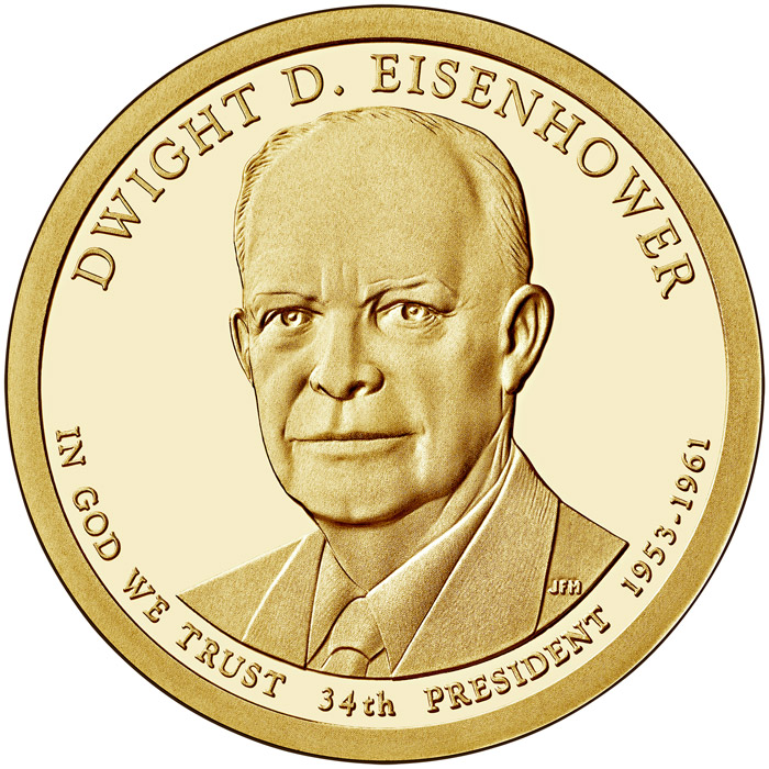 Image of 1 dollar coin - Dwight D. Eisenhower (1953-1961) | USA 2015.  The Nordic gold (CuZnAl) coin is of Proof, BU, UNC quality.